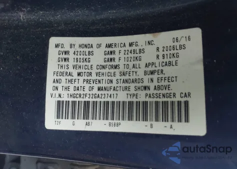 2016 Honda Accord Lx z USA, uszkodzony, nr VIN 1HGCR2F32GA237417